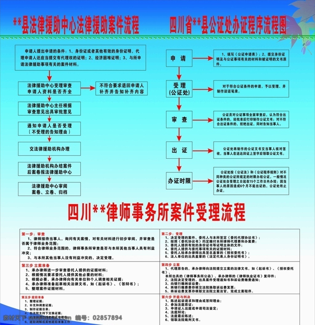 司法流程图 律师 事务所 案件受理 法律援助 公正处办证 流程图 展板模板 矢量