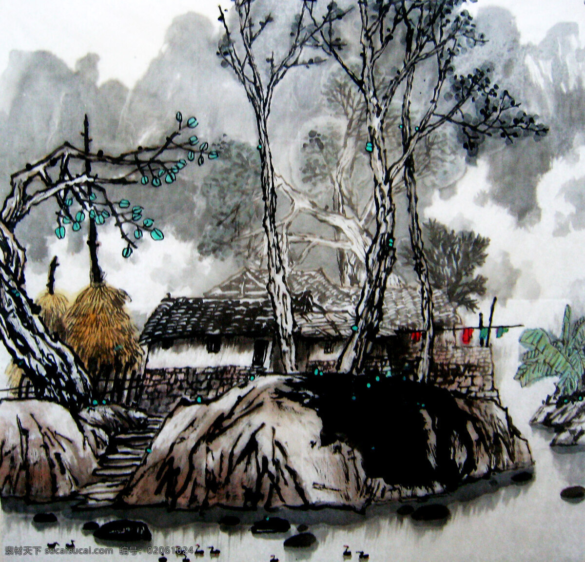 房屋 风景 风景画 国画艺术 绘画 绘画书法 江水 山水 水乡 人家 设计素材 模板下载 水乡人家 中国画 水墨画 现代国画 瓦房 石阶 树木 树林 蕉叶 云雾 书法 印章 国画集15 文化艺术 装饰素材 雕刻 图案