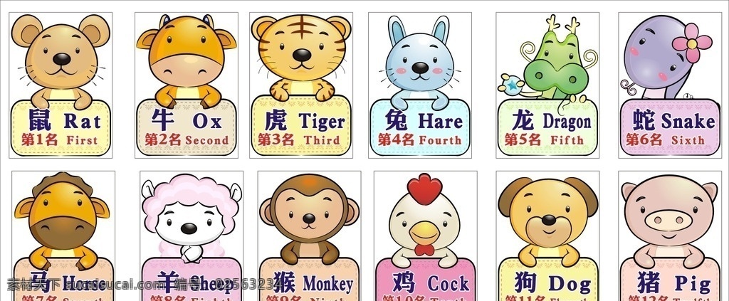 十二生肖 卡通 卡通人物 卡通生肖 生肖 牛 鼠 兔子 马 虎 蛇 羊 白羊 狗 猪 宣传 胸卡 装饰 台牌 转曲 可爱 学生 学校 儿童 幼儿 dm单张 海报 招贴设计