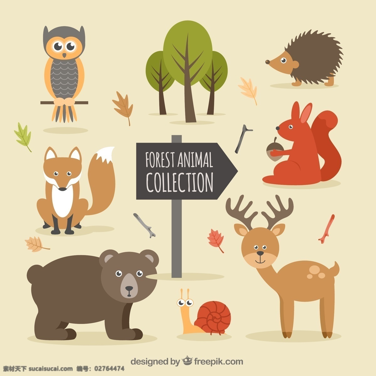 卡通 森林 中 动物 矢量 熊 树 刺猬 狐狸 矢量素材 设计素材