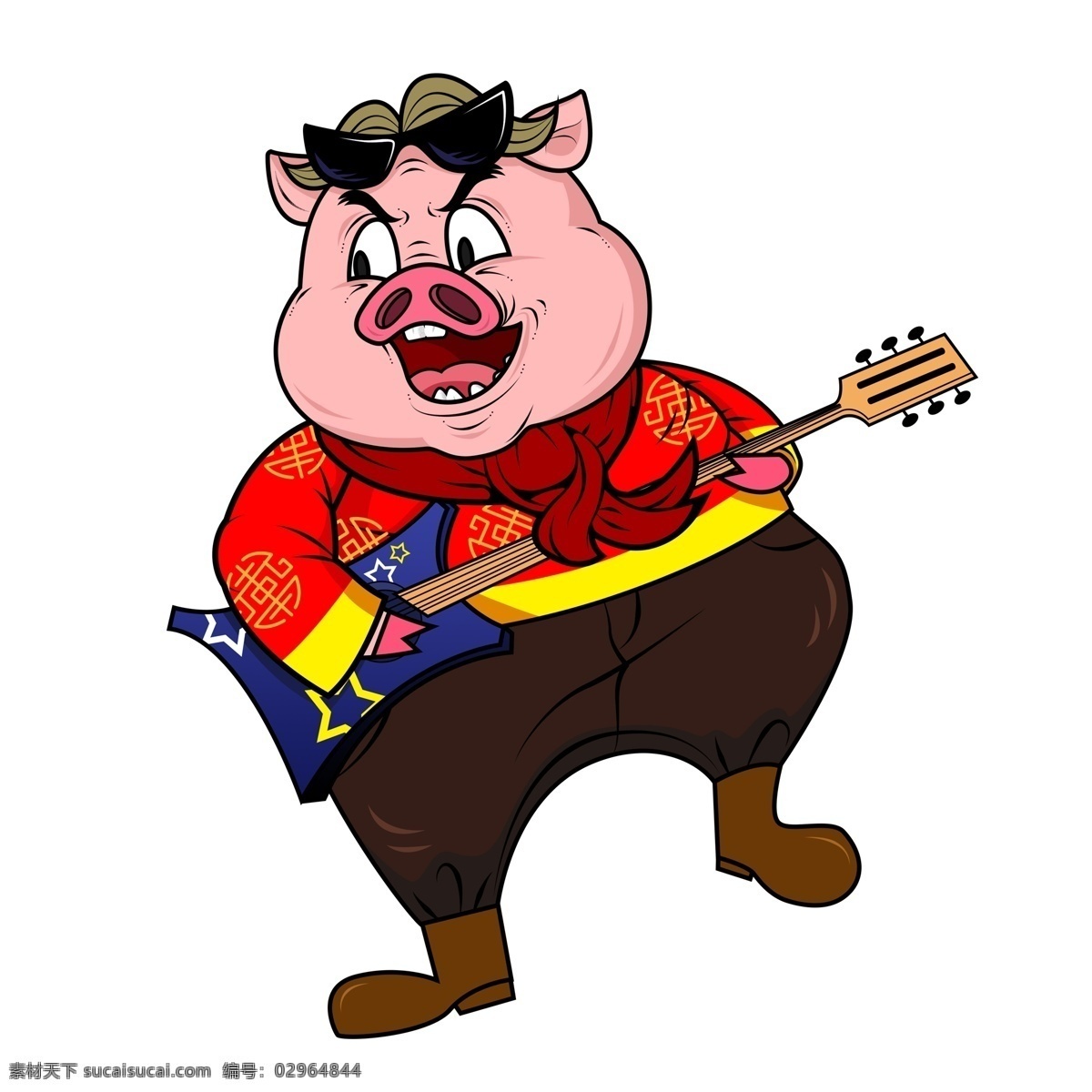 漫 画风 猪年 弹 电吉他 潮 猪 卡通小猪 弹吉他 插画 喜庆 春节 潮漫 手绘 潮猪 小猪形象 猪年形象
