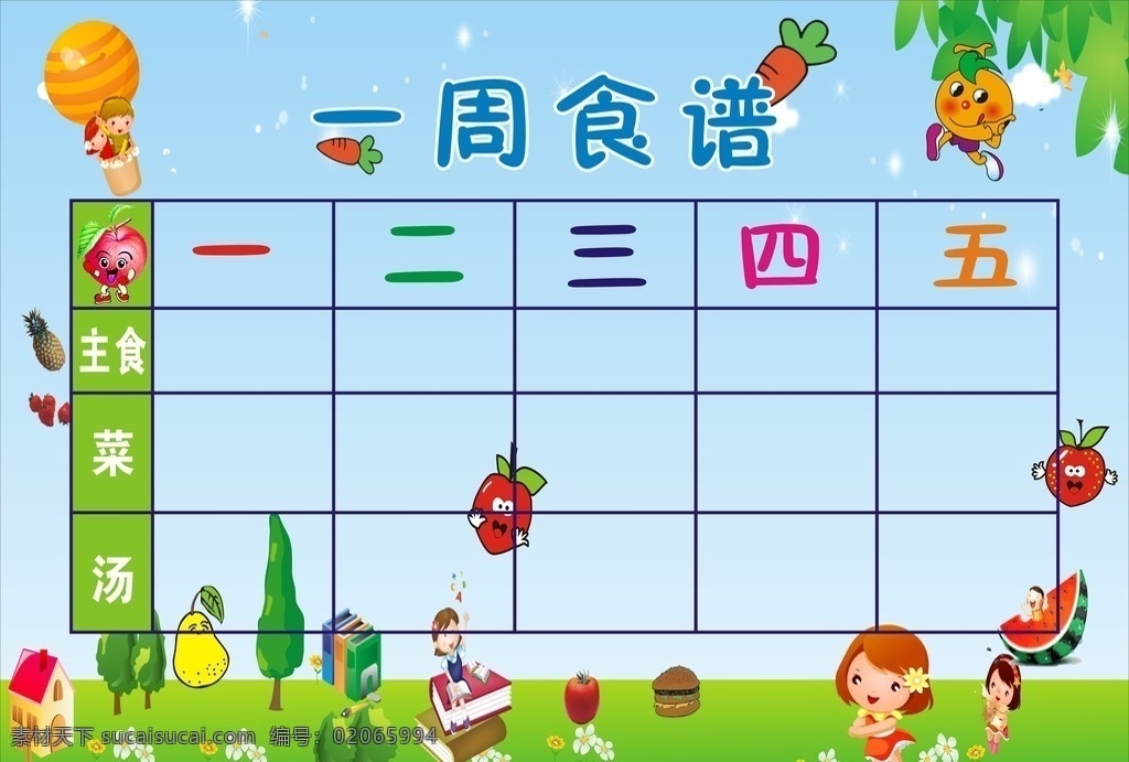 幼儿园 周 食 谱表 水果 卡通 一周食谱表 主食 菜 汤 kt板 户外写真