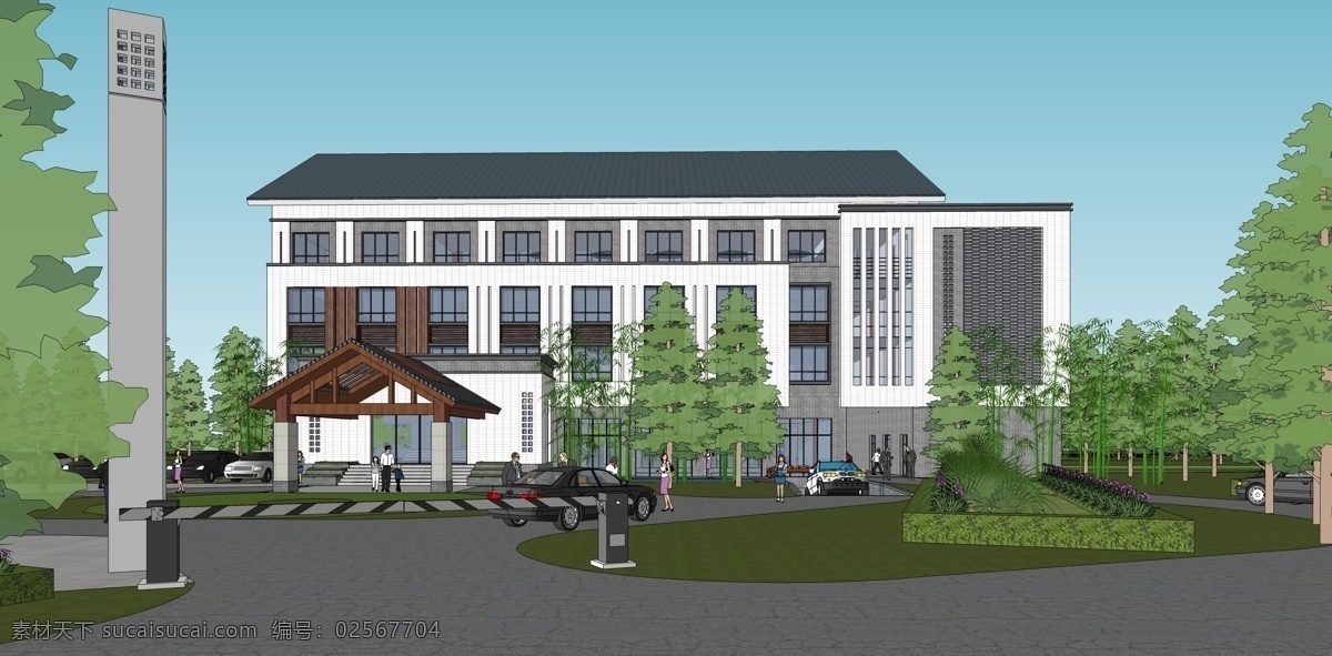 新中式 办公楼 会所 餐厅 现代办公楼 建筑设计 su模型 环境设计