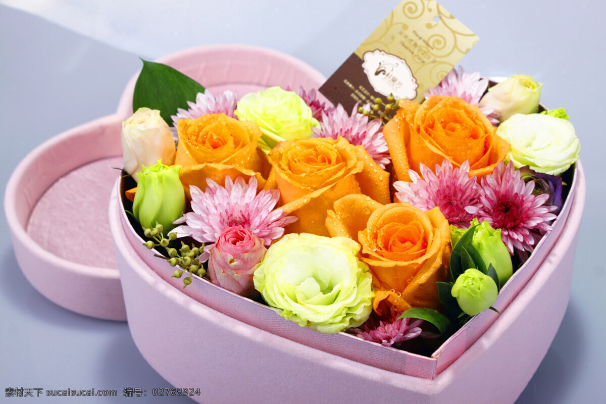 鲜花花盒 鲜花 心形盒子 橙玫瑰 花艺设计 桔梗 生物世界 花草