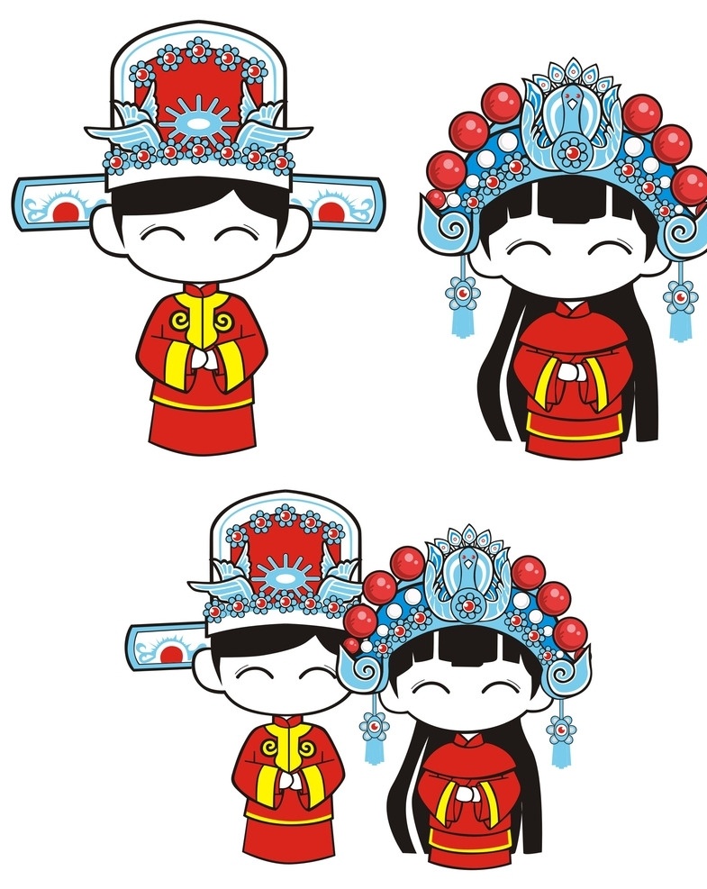 喜铺新人 结婚 喜铺 新人 凤冠霞帔 喜糖 吉祥物 卡通设计
