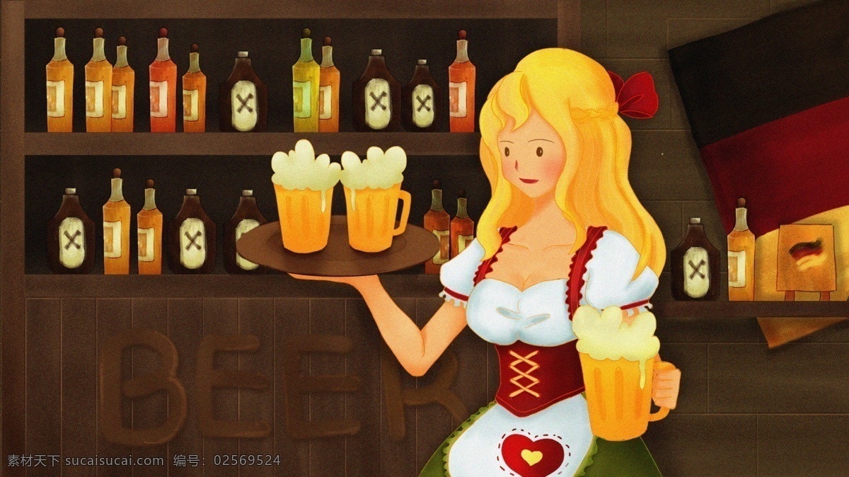 手绘 复古 德国 酒吧 甜美 啤酒 女郎 慕尼黑 啤酒节 可爱 细腻 少女