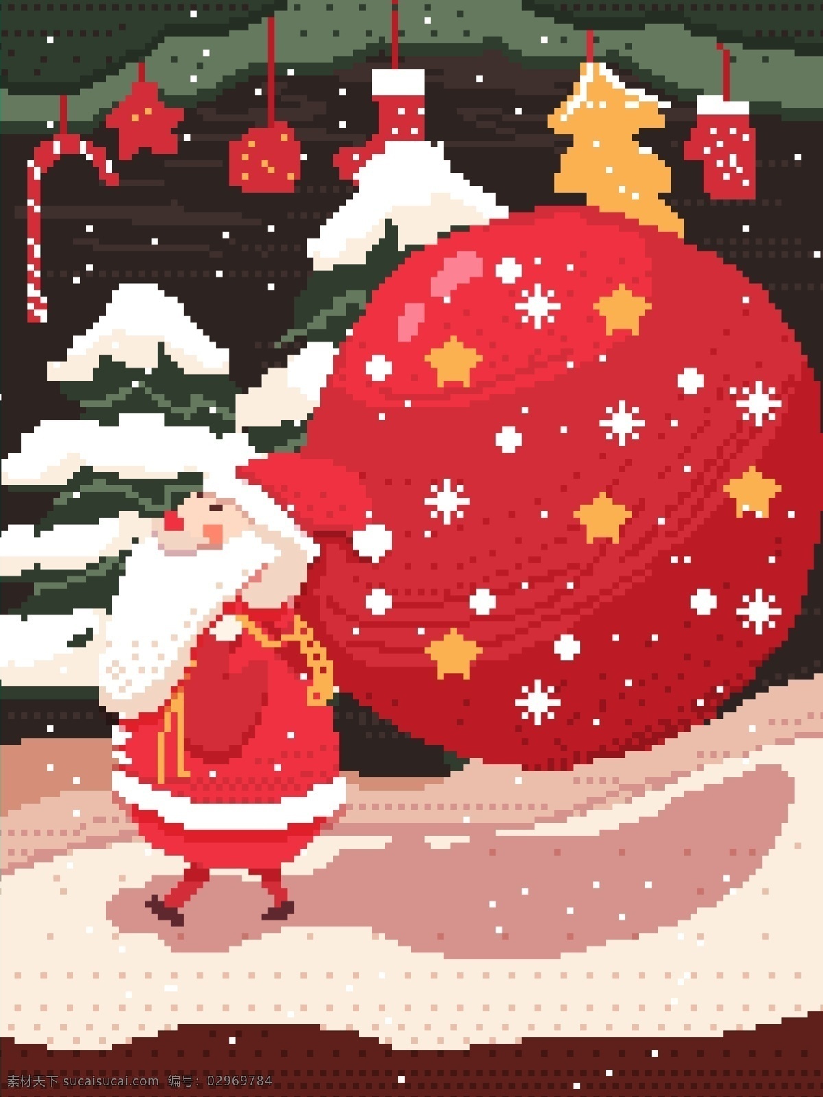 圣诞节 圣诞老人 复古 素风 插画 配 图 壁纸 背景 礼物 雪花 圣诞帽 圣诞礼物 手套 树木 圣诞树 下雪 场景 冬天 袜子 手杖 像素 像素风 像素画 配图 启动页