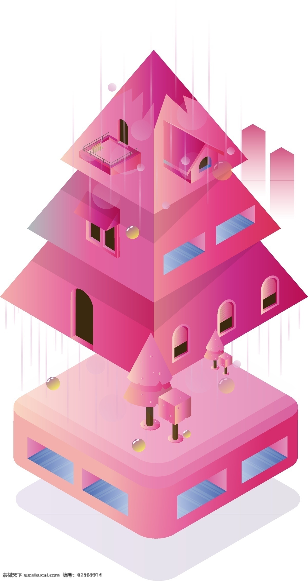 树 屋 原创 d 粉红色 渐变 科技 感 卡通 房子 树屋 2.5d 小洋房