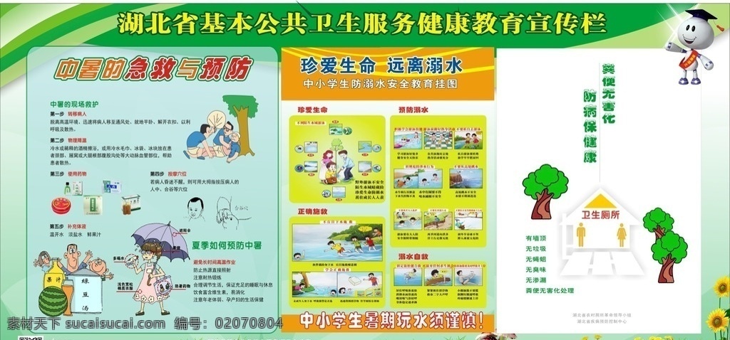 健康教育 2018 年 期 副刊 中暑 急救 预防 珍爱生命 远离溺水 粪便无害化 防病保健康 展板设计 生活百科 医疗保健