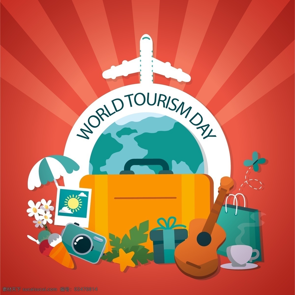 扁平 创意 世界 旅行 插画 静物 地图 旅行箱 相机 用品插画