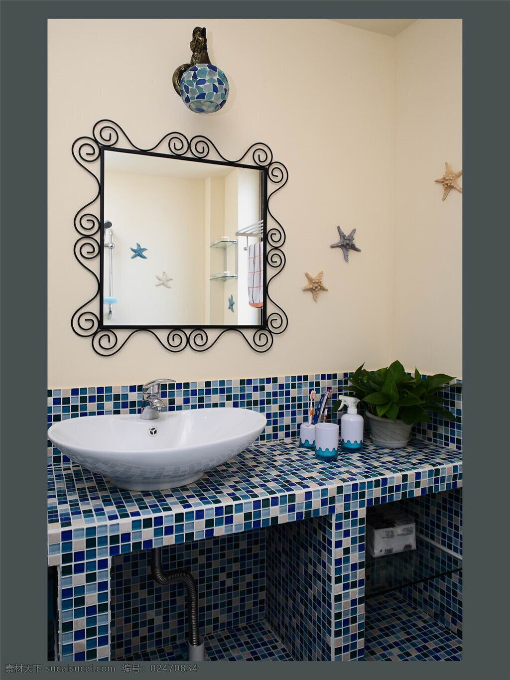 地中海 时尚 大气 浴室 洗脸 台 瓷砖 装修 效果图 高清大图 室内设计 镜子