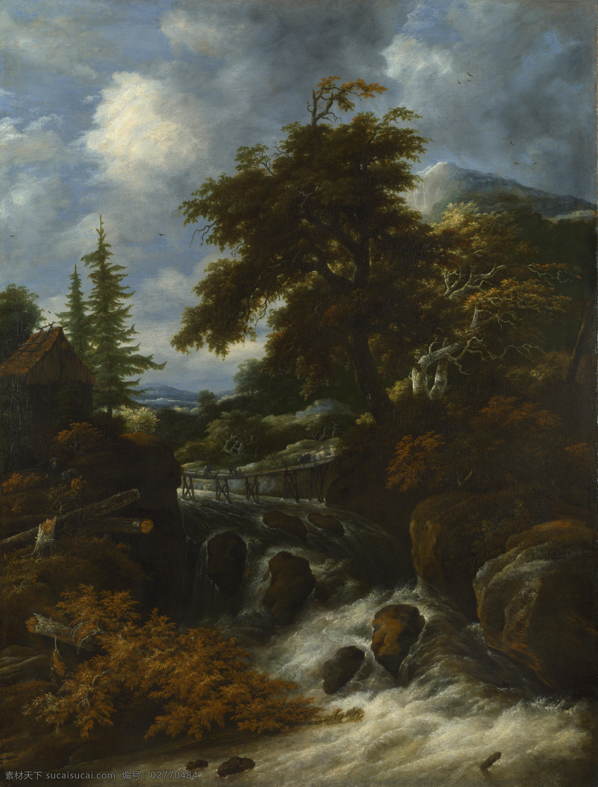 landscape 大师 画家 古典 画 建筑 景物 装饰画 油画 hilly in cottage by waterfall a ruysdael van salomonsz jacob 人物 高清 西方 国外 现代 家居装饰素材