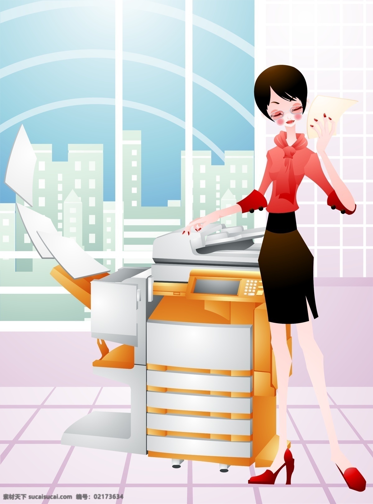 高挑 办公 女性 办公桌 窗外 高楼大厦 商务 矢量图 其他矢量图