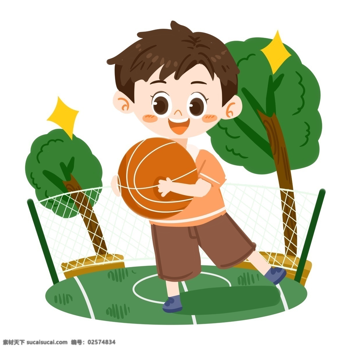 儿童节 卡通 男孩 篮球 玩耍 星星 打篮球 篮球场 大树