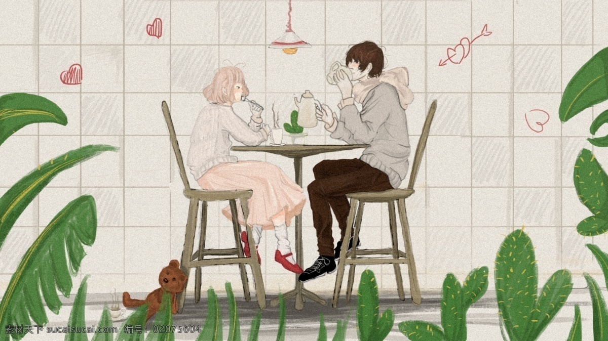 情侣 共进 早餐 插画 情侣日常 复古肌理 共进早餐 爱情 清新风