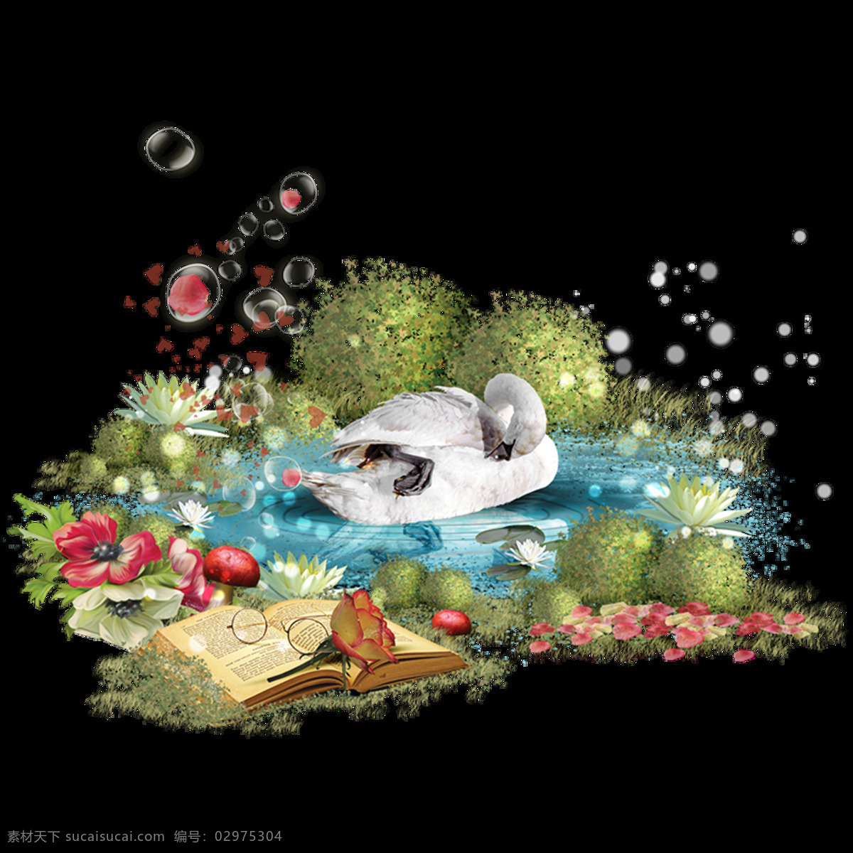 手绘 彩色 天鹅 元素 湖 动物 风景