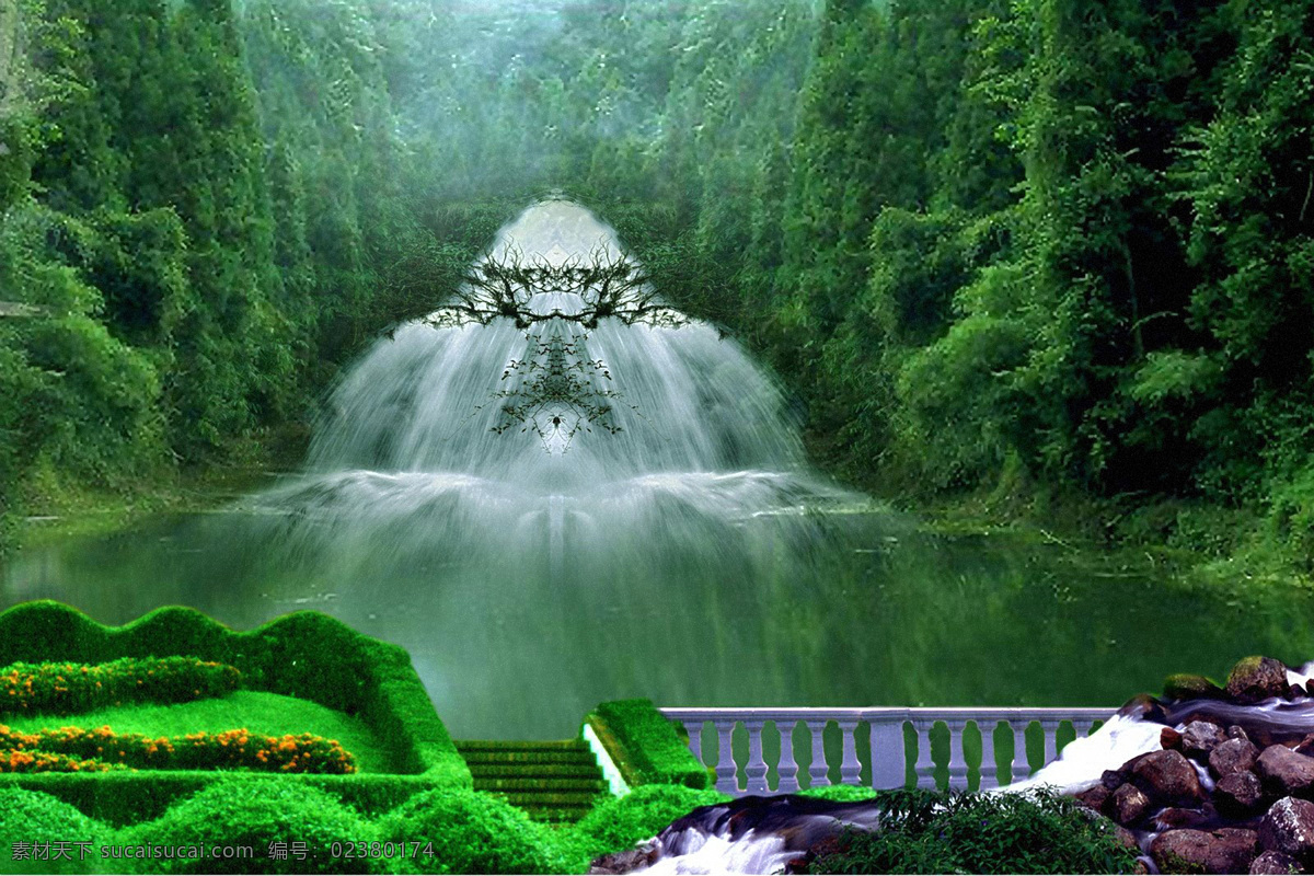 旅游景区 背景 素材图片 湖水 大树 树林 瀑布 建筑 植物 自然风光 景观 景区 休闲旅游 山水风景 风景图片