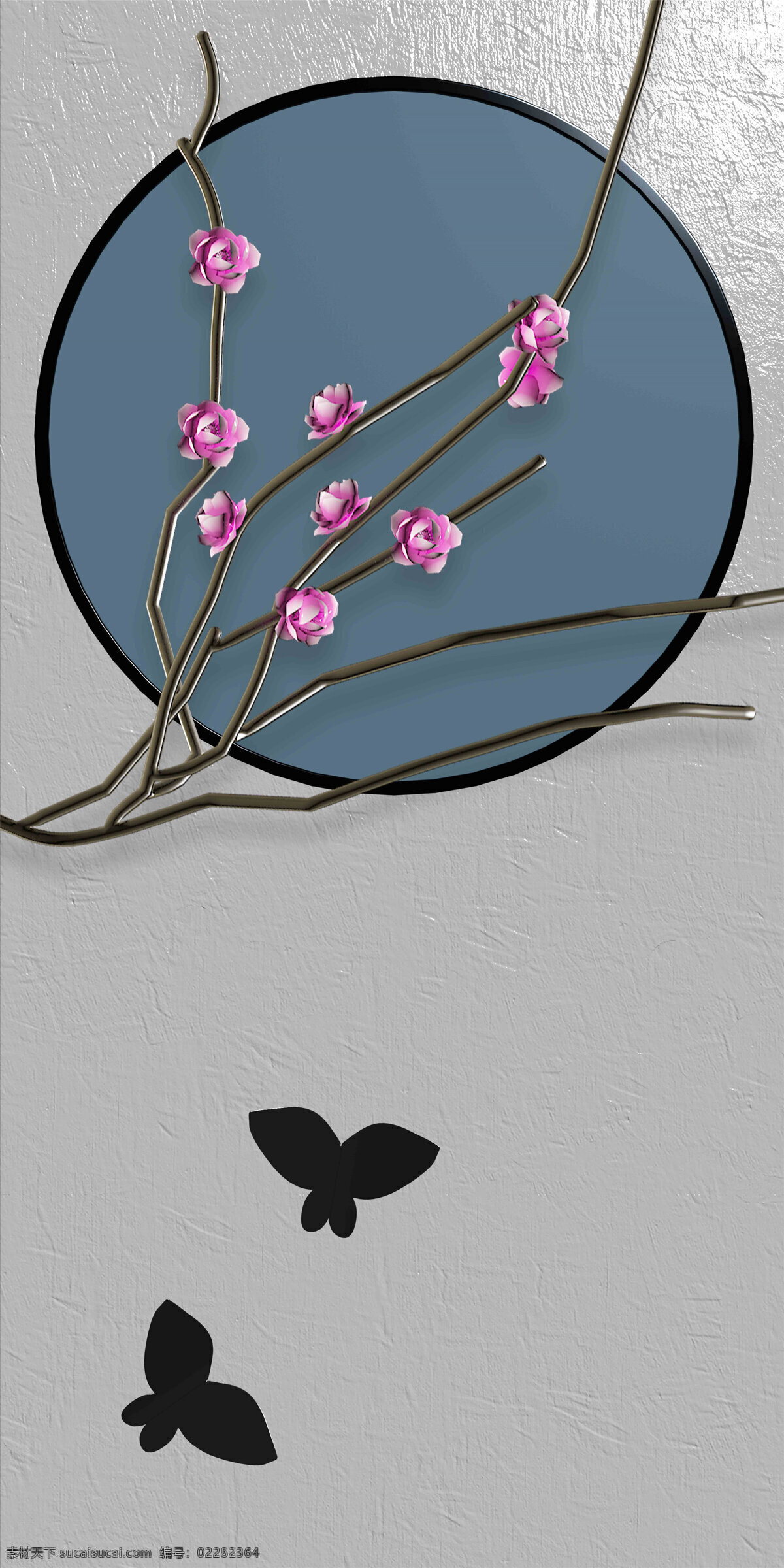 新 中式 装饰画 背景 花鸟 蝴蝶 简影 圆 梅花