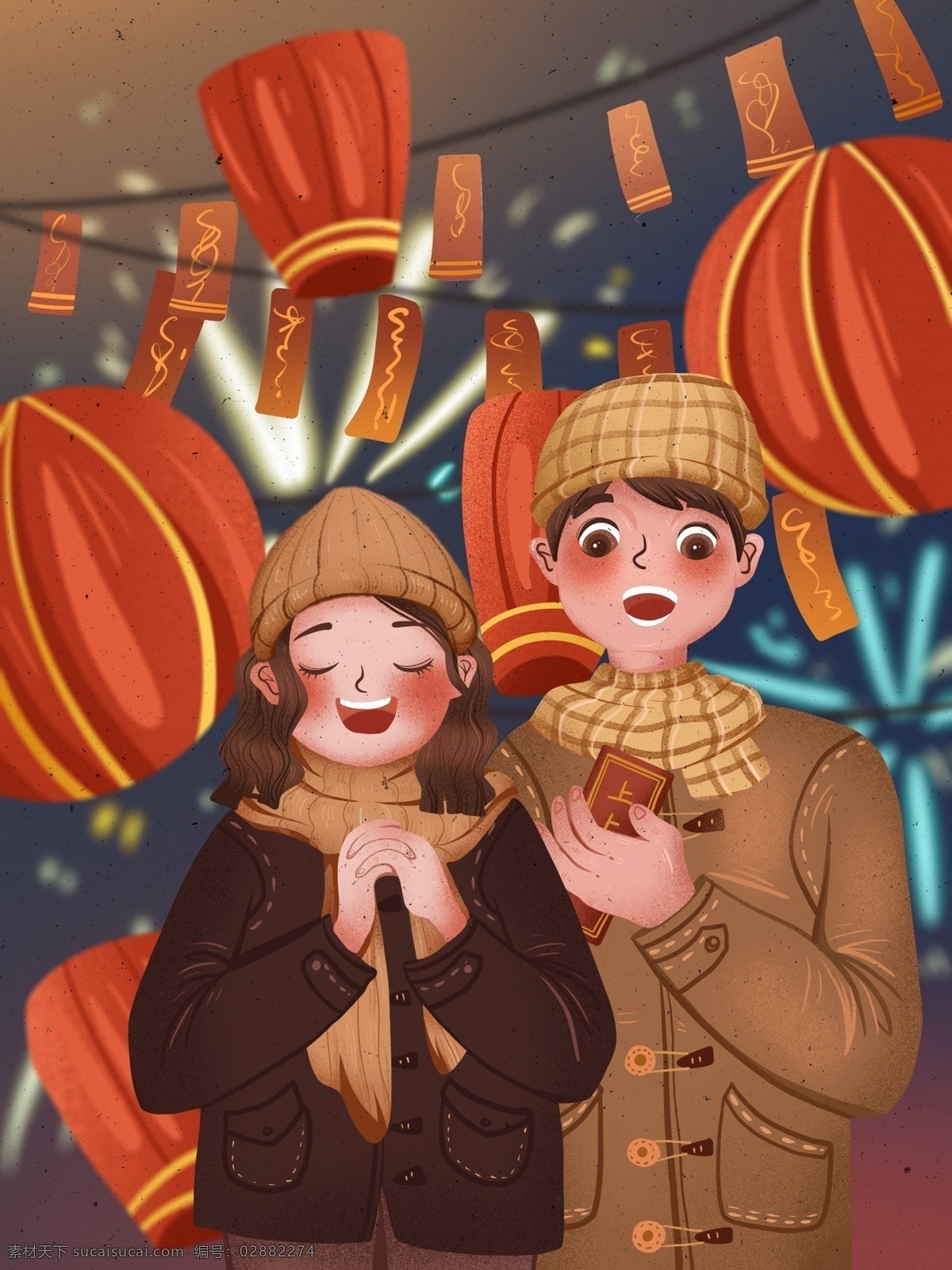 新年 祈福 情侣 夜晚 一同 许愿 温馨 复古 肌理 灯笼 烟花 喜庆 复古肌理