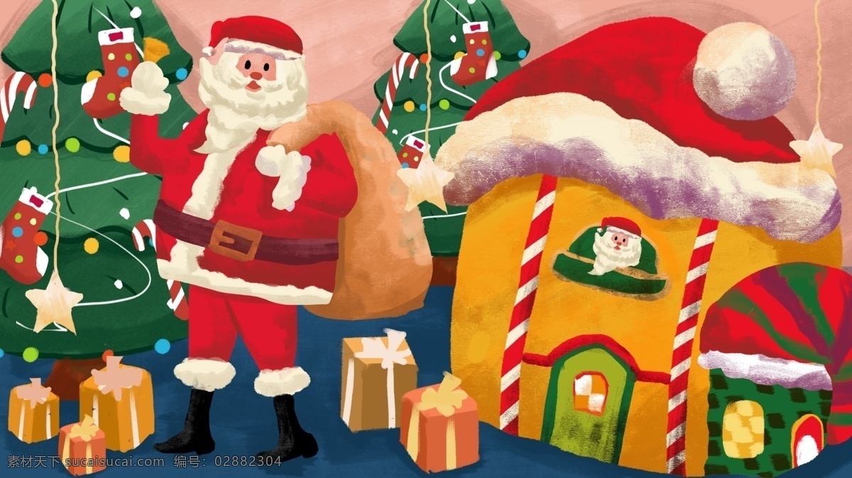 圣诞节 背着 礼物 圣诞老人 原创 插画 圣诞树 节日 配图 温暖