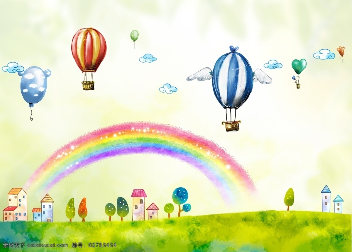春天 春季 春天海报 涂鸦 涂鸦画 儿童涂鸦 卡通热气球 彩虹 卡通房子 卡通草地 卡通绿地 卡通树