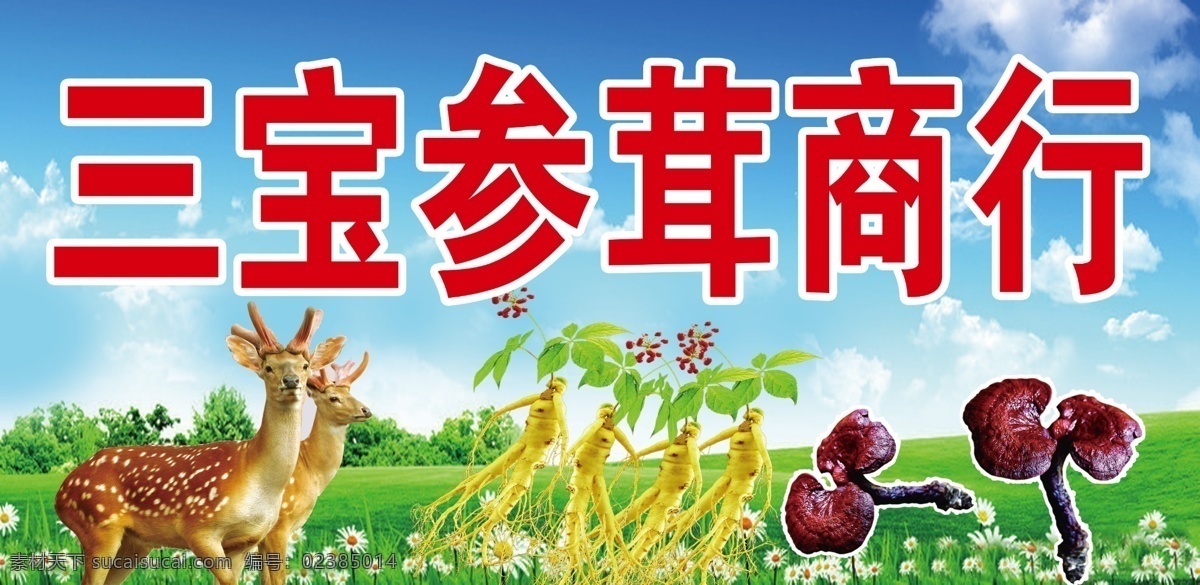 三宝参茸商行 鹿茸 人参 灵芝 蓝底 商行 喷绘