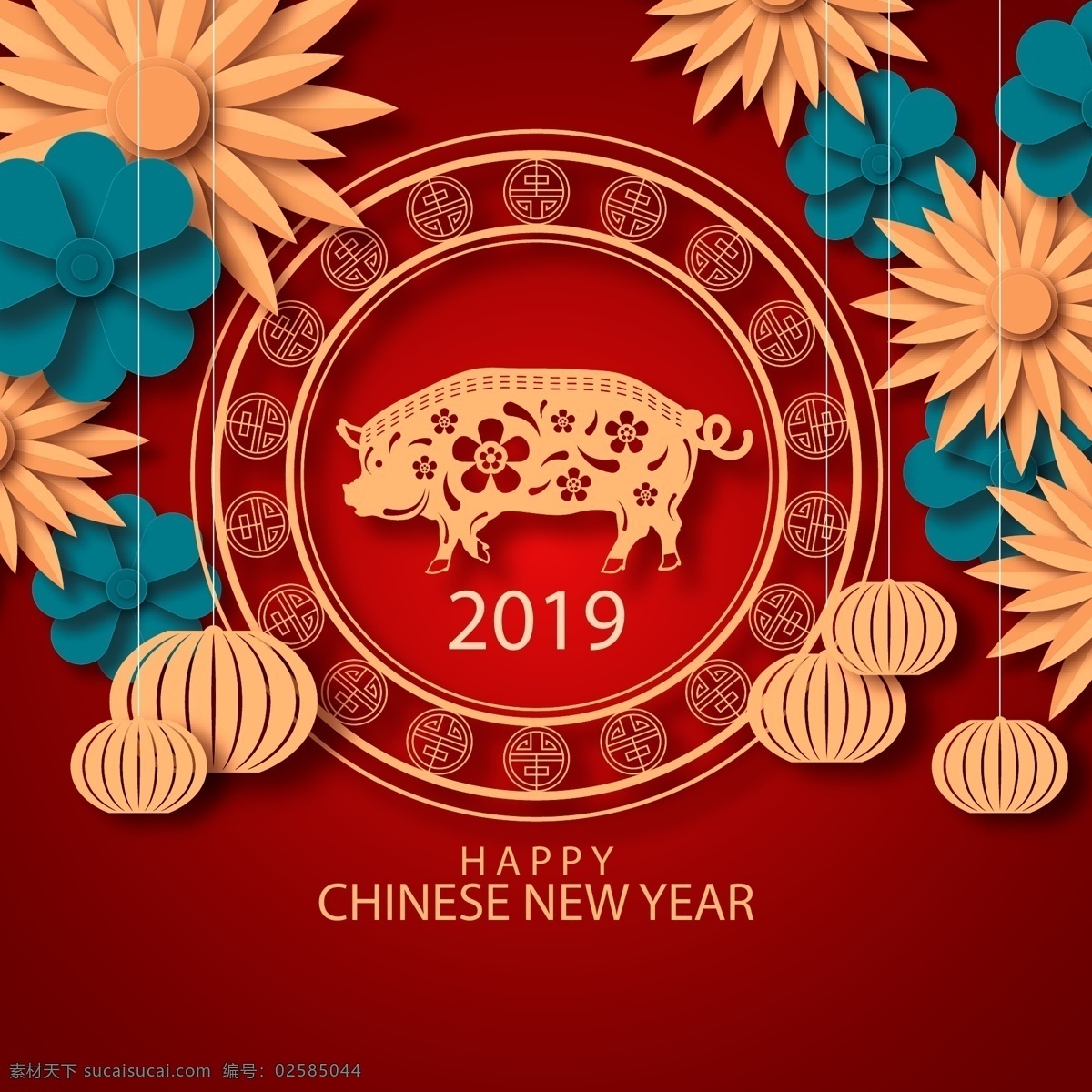 剪纸 中国 元素 新年 海报 春节 元旦 喜庆 灯笼 2019 过年 猪年 2019年 新年快乐