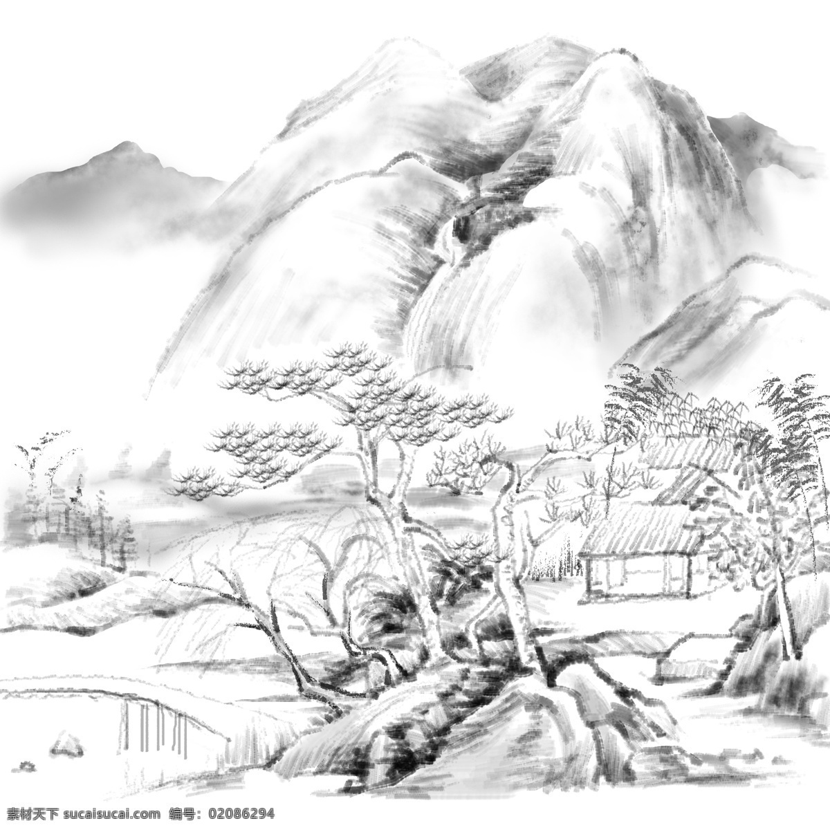 中国 风 水墨 国画 古风 山水 风景树 小桥 中国风 风景 房子 山 树 民居