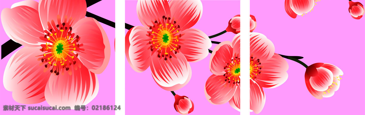 三联 桃花 高清 花卉 客厅 无框画 装饰画 装饰素材