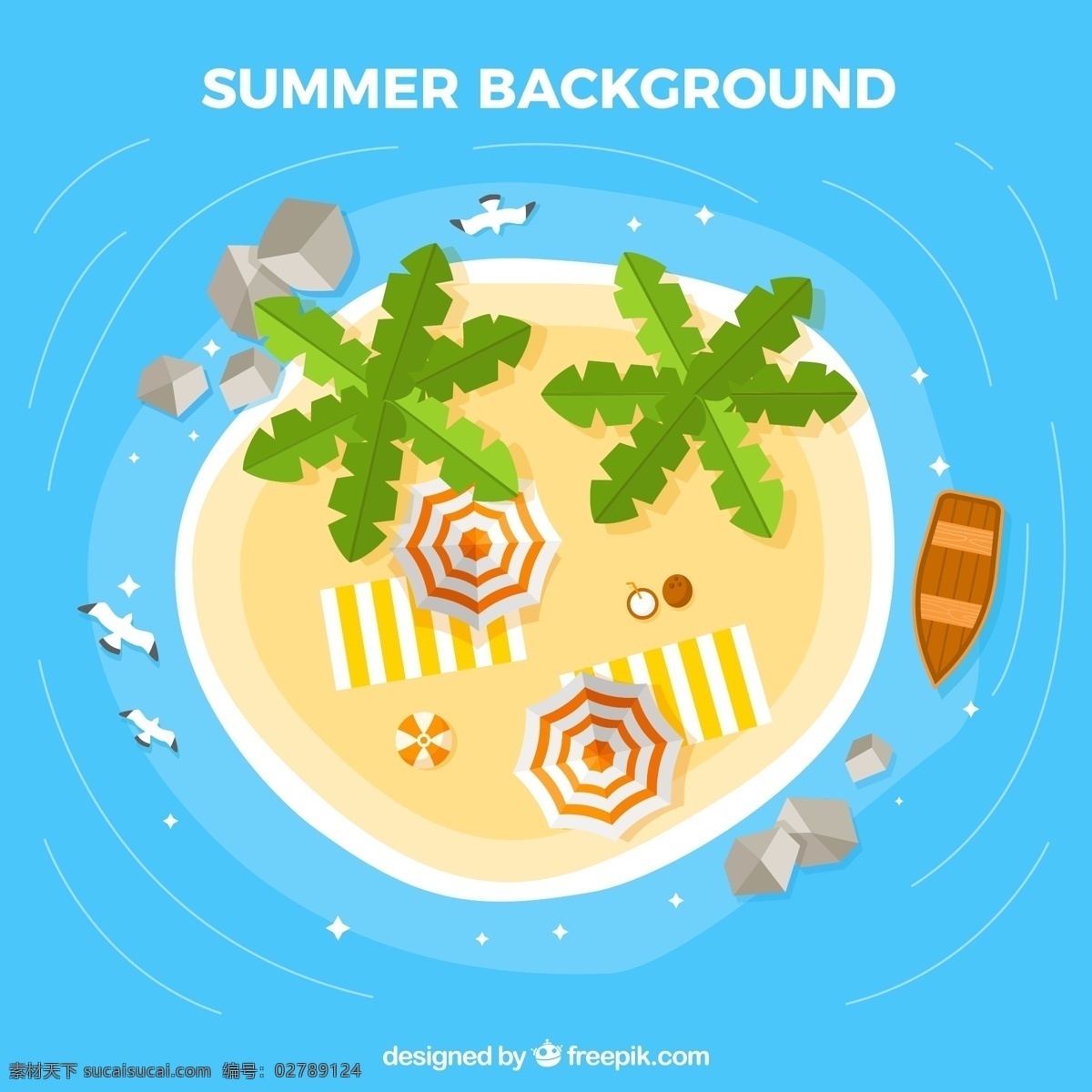 创意 夏季 度假 沙滩 俯视图 矢量 海岛 椰树 插画 夏天 俯视 太阳伞