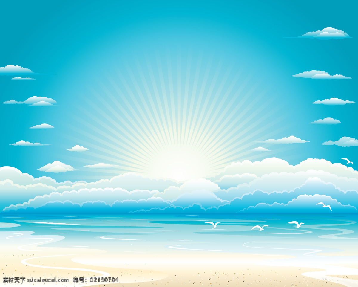 蓝色天空背景 蓝色 天空 白云 大海 海鸥 飞鸟 云朵 自然 背景主题 蓝色天空海洋 海滩 蓝色天空 风景漫画 动漫动画