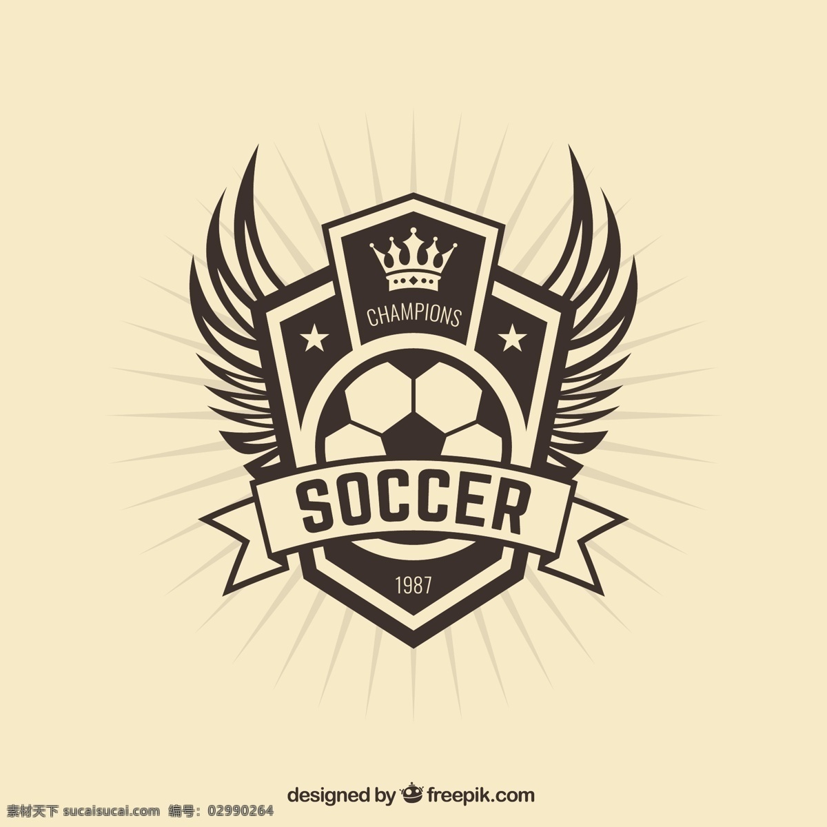 复古 足球 冠军 标志 体育 足球俱乐部 王冠 足球海报 运动 健身 丝带 翅膀 创意足球 白色
