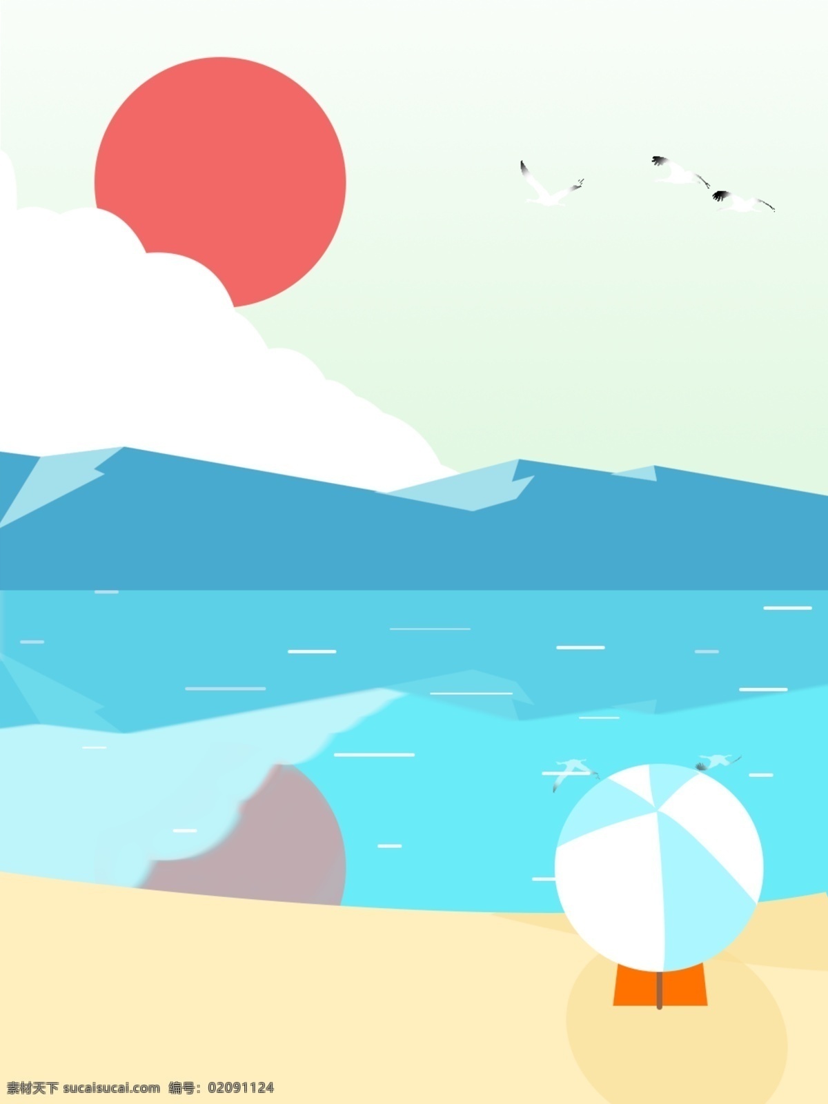 纯 原创 夏日 海边 沙滩 背景 太阳 山 太阳伞 海水