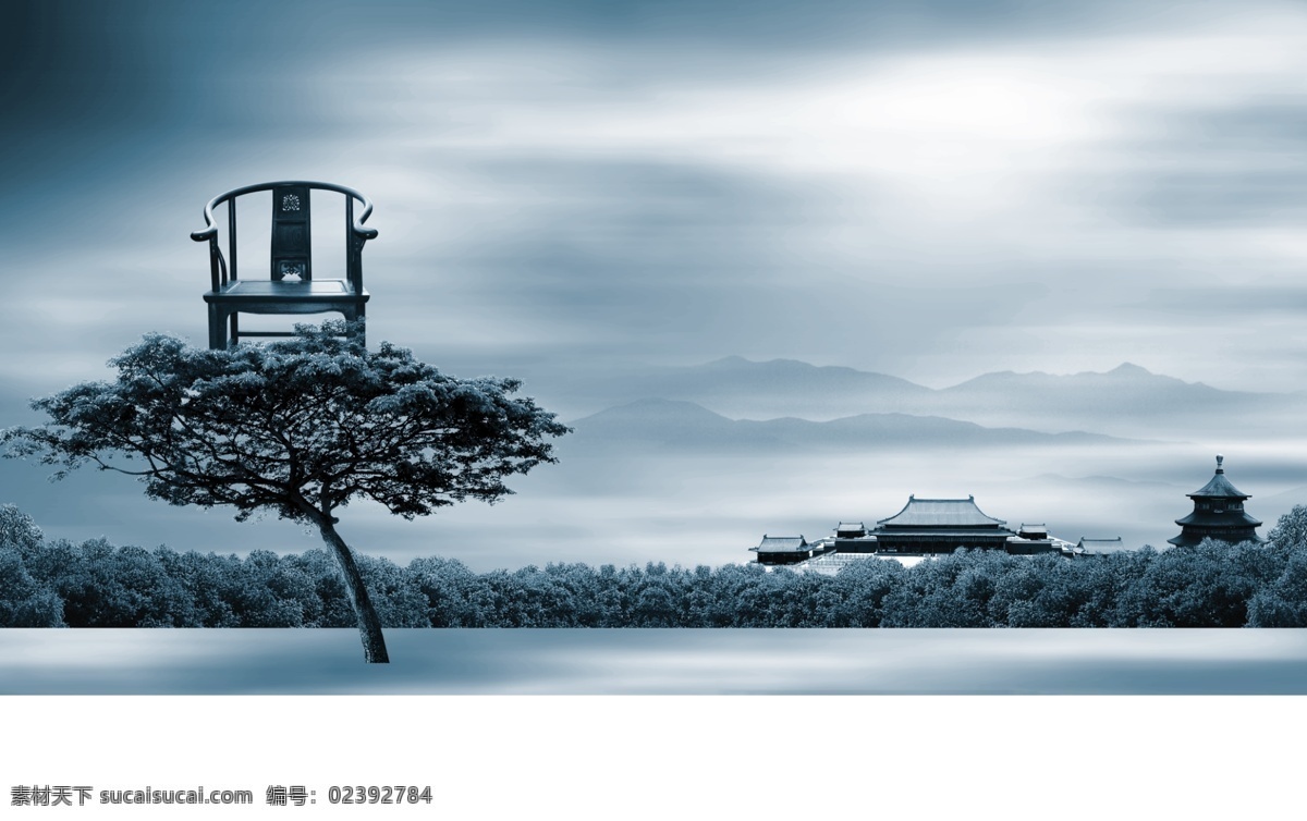 水墨素材 水墨 毛笔 背景 水 石头 天空 竹叶 地产素材 房地产背景