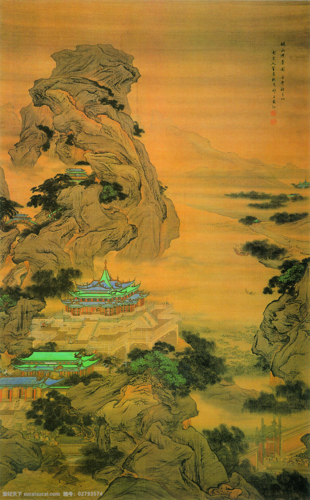 骊山避暑图 中国工笔画 背景 印章 书法 袁江 山水画 风景 古建筑 松树 华清宫 文化艺术 绘画书法 设计图库