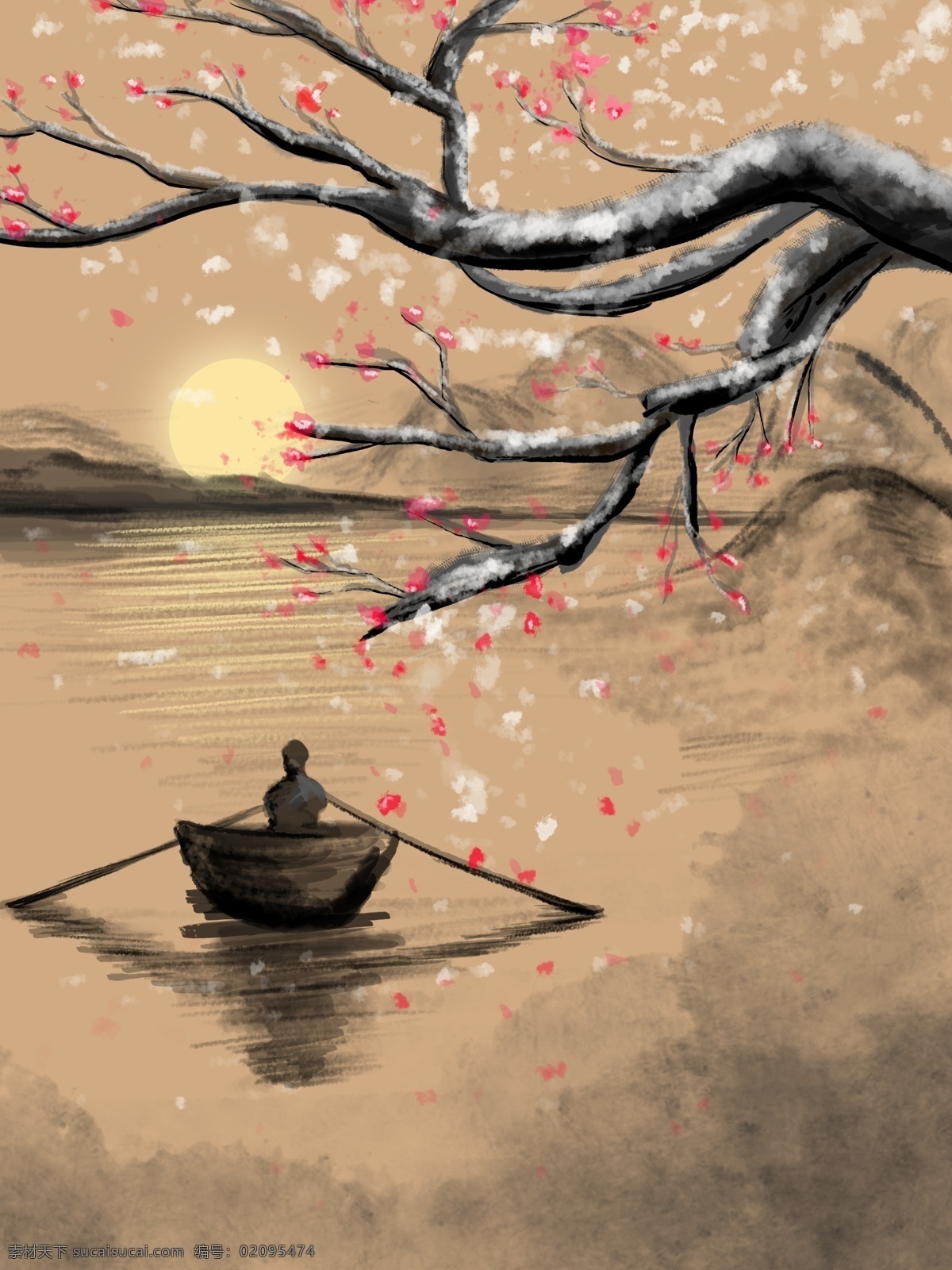 冬季 梅花 复古 水墨 人物 划船 夕阳 插画 山水 壁纸 海报背景 复古水墨 人物划船 原创插画 商业用图 背景用图