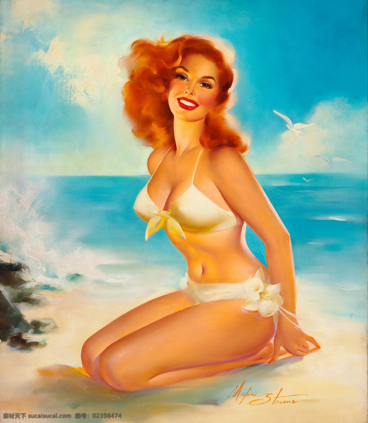 油画美女 油画 绘画 艺术 蓝天 鸽子 美女 白云 比基尼 沙滩 当代油画 绘画书法 文化艺术