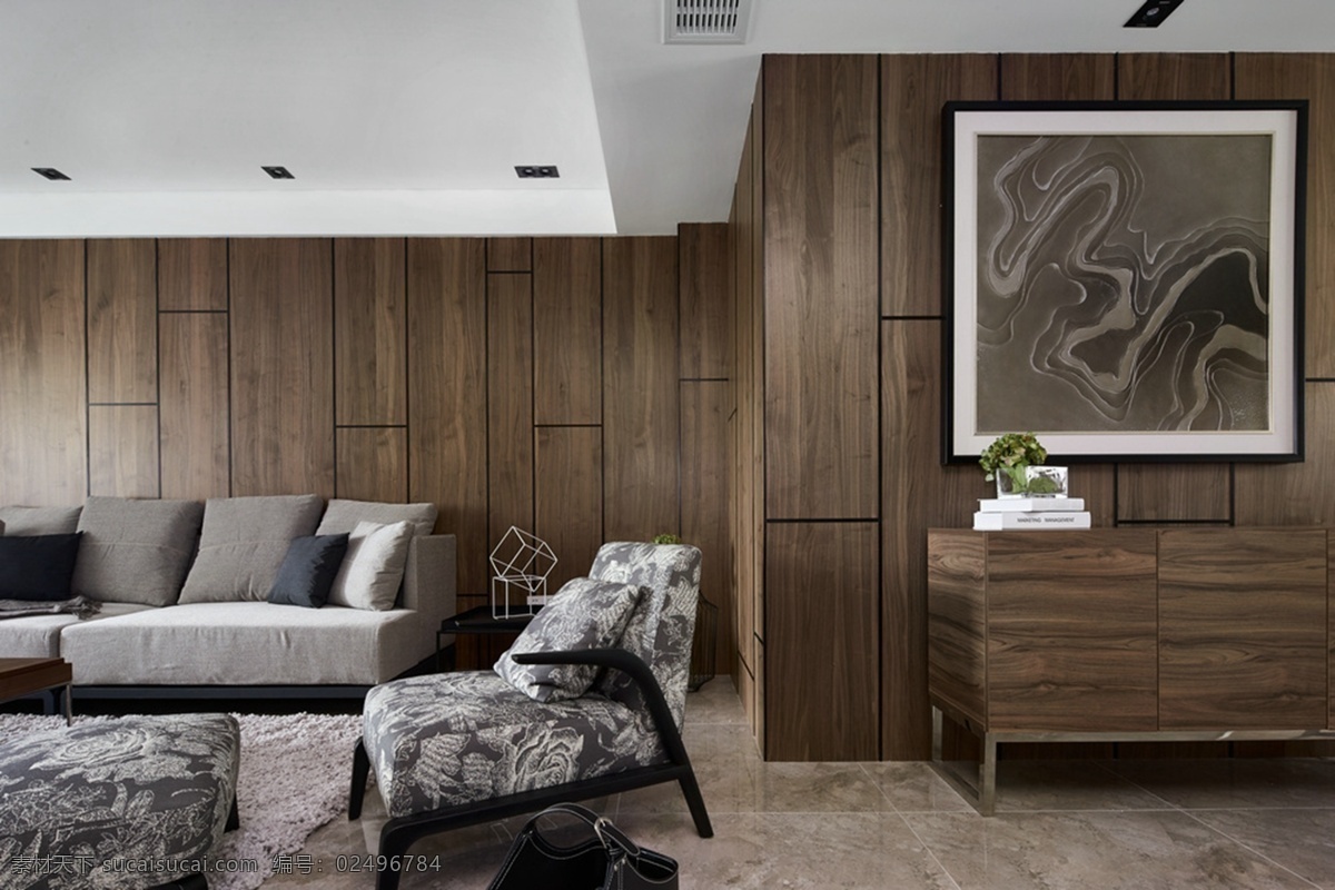 现代 轻 奢 客厅 深色 壁灯 室内装修 效果图 客厅装修 木制背景墙 浅褐色地板 深灰色沙发