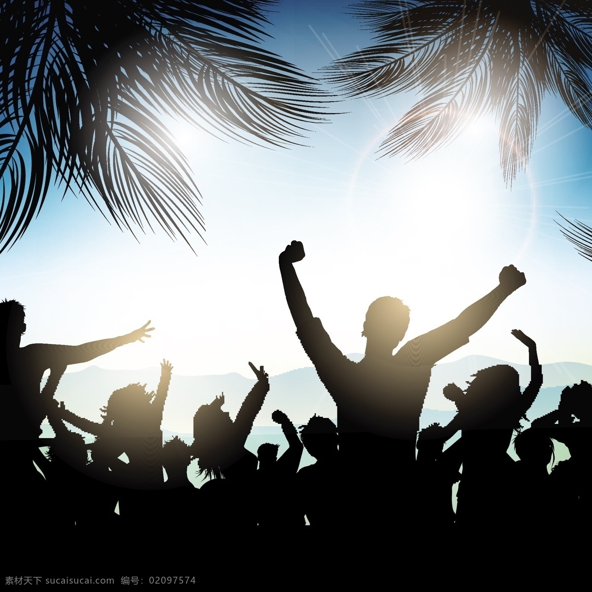 海滩 上 人群 轮廓 背景 人们 聚会 夏天 阳光 大海 天空 舞蹈 景观 迪斯科 假日 海洋 棕榈树 热带 团体 黑色
