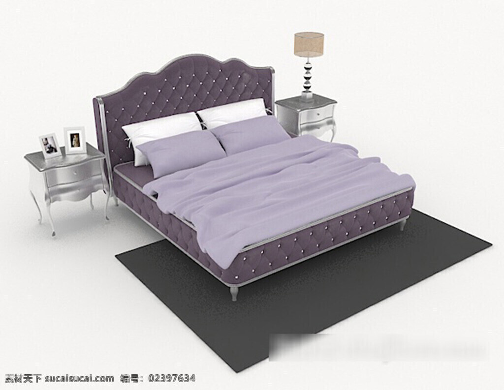 简 欧 紫色 双人床 3d 模型 3d模型下载 3dmax 现代风格模型 欧式风格模型