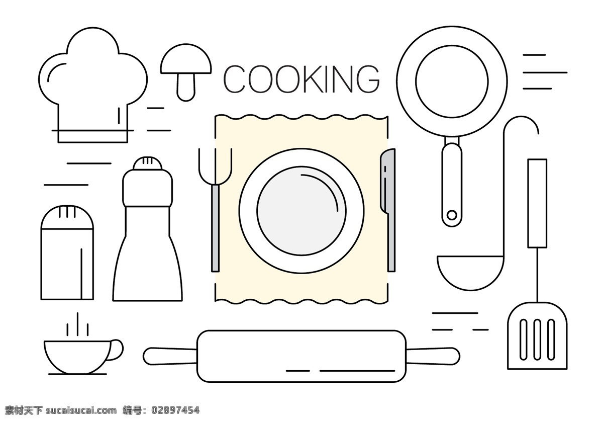 手绘 线性 烹饪 图标 烹饪图标 线性图标 烹饪工具 勺子 面粉擀 桌子 餐具 厨师帽 锅 杯子