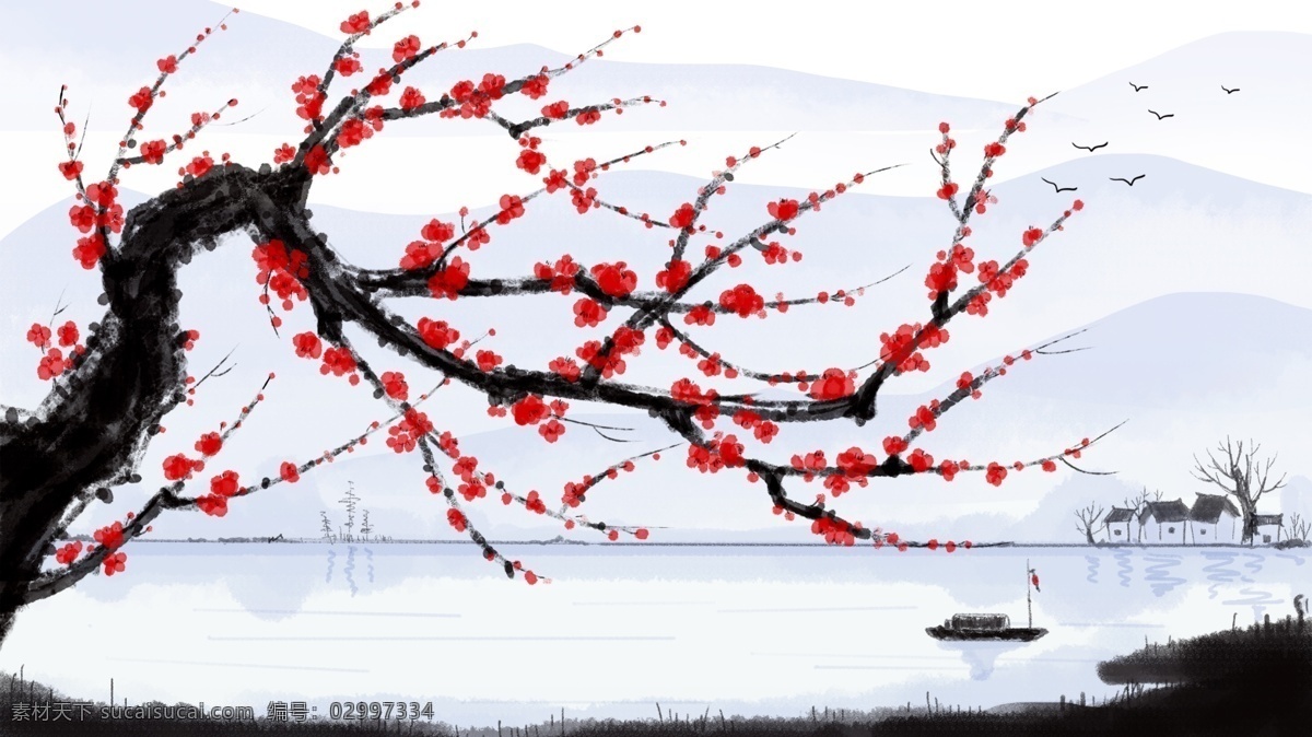 中国 风 水墨 风景画 山水 梅花 原创 插画 中国风 中国风背景 装饰画 壁纸 水墨风景画 原创插画 水墨梅花 配图