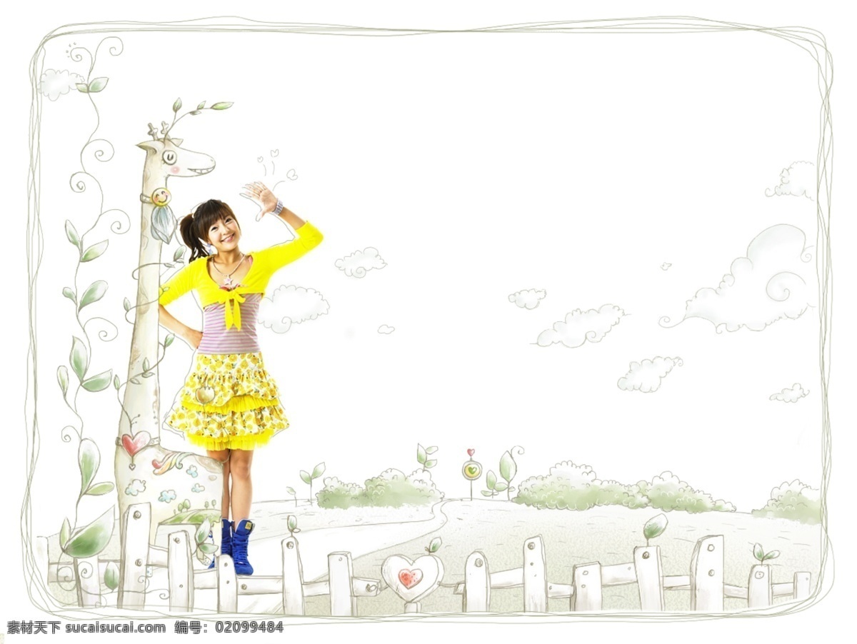 卡 伊 美女 唯美 可爱 卡通 插画 psd素材 分层图片 可爱卡通背景 可爱卡通素材 美女素材 唯美插画 幻化背景 水粉画效果 黄衣女孩 psd源文件