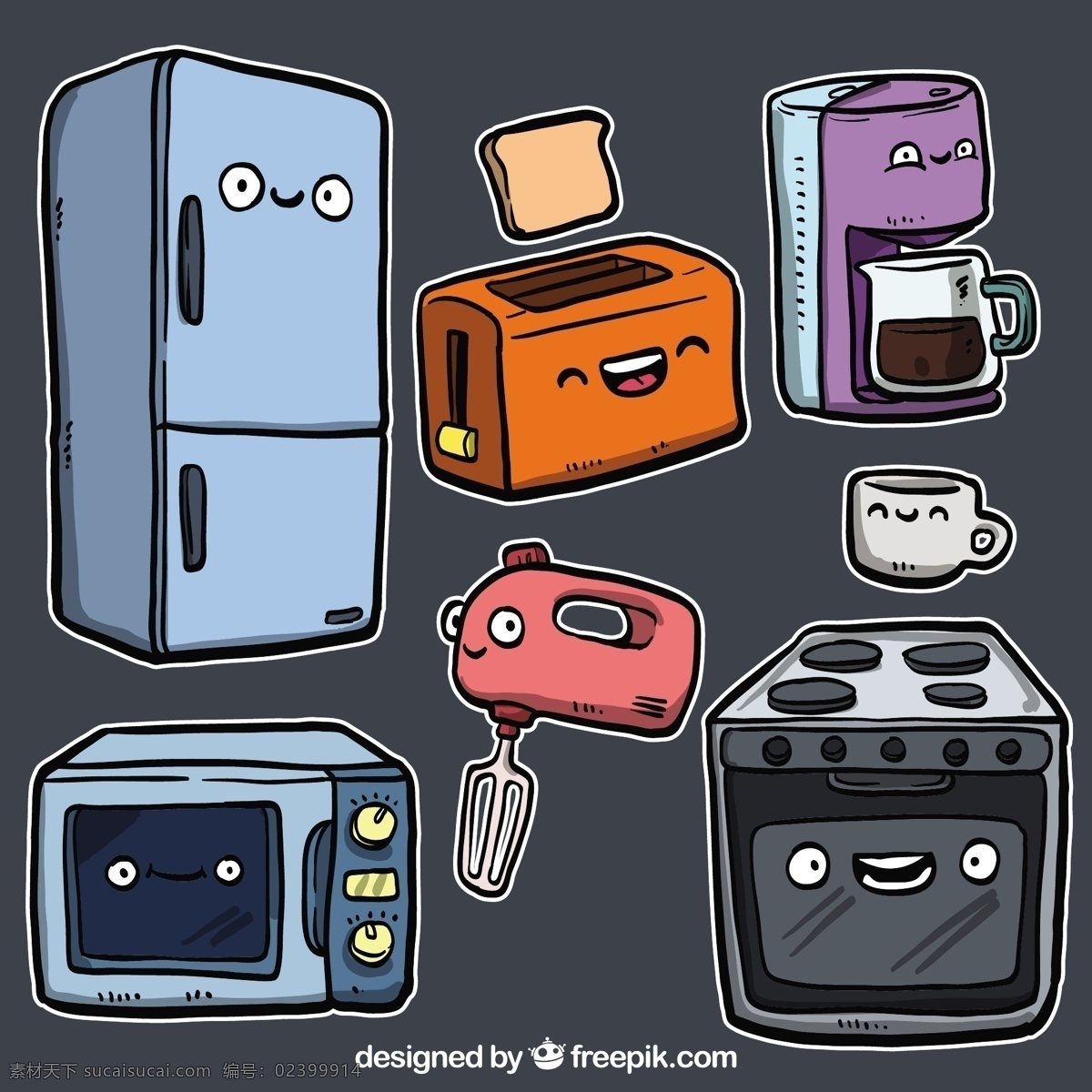 卡通 风格 厨房 咖啡 厨师 烹饪 插图 烤箱 冰箱 微波炉 东西 烤面包机 打浆机