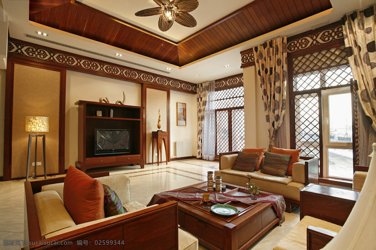 中式 轻 奢 客厅 方形 木制 茶几 室内装修 效果图 客厅装修 瓷砖地板 方形茶几 铜色吊扇
