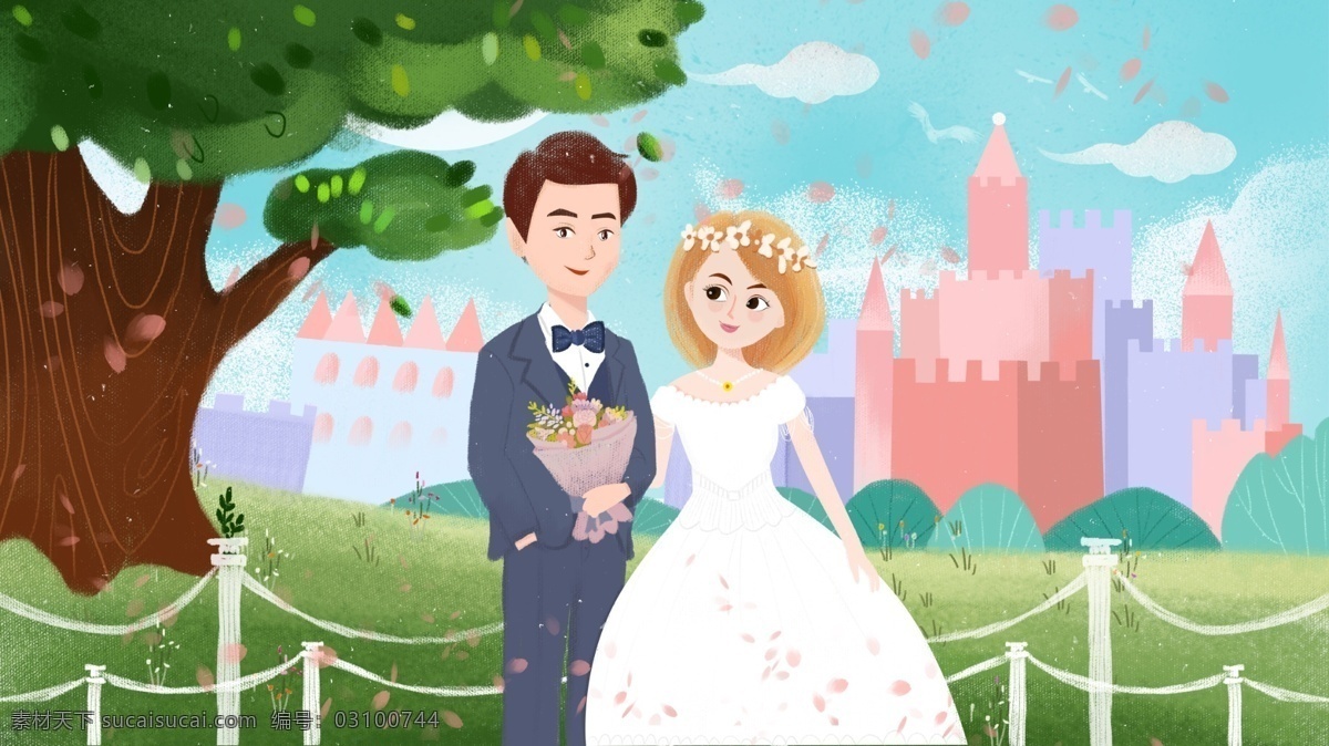 浪漫婚礼 季 婚礼 现场 原创 插画 婚礼现场 浪漫唯美 新娘新郎 城堡 大树 婚礼季