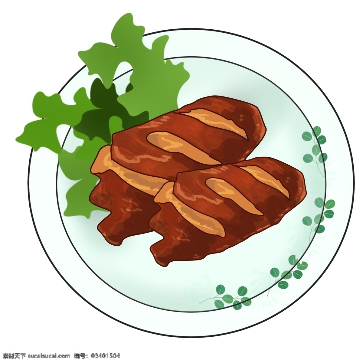 手绘 美味 烤 翅 插画 商用 元素 鸡翅 食物 绿叶 盘子
