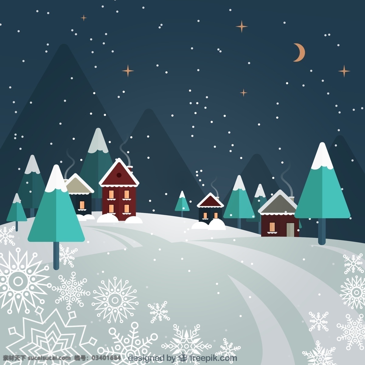 冬季 夜晚 雪 中 小城 树木 雪地 星星 月亮 山 雪花 城镇 房屋 动漫动画 风景漫画