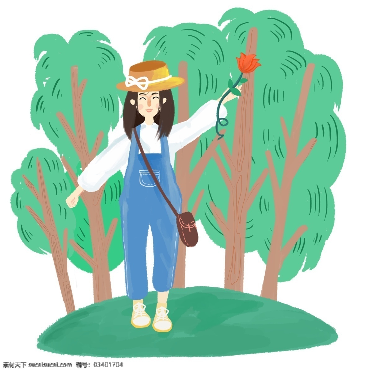春季 女孩 树林 踏青 摘 花 彩色 装饰 平面设计 原创 透明底 免抠 海报装饰 清新 通用 摘花