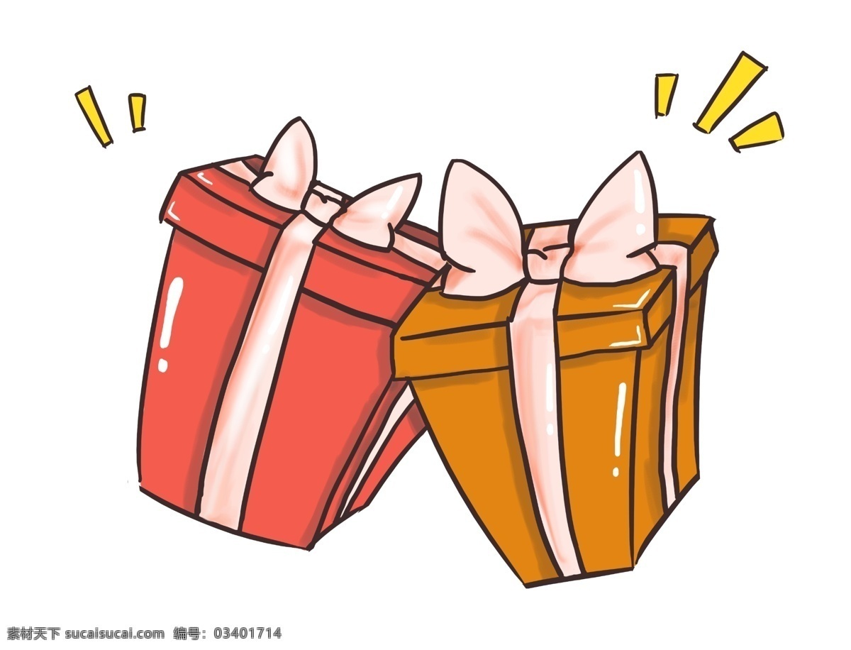 手绘 两个 礼物 盒 插画 粉色丝带 黑色线条 卡通 粉色 蝴蝶结 红色礼物盒 黄色盒子插画 手绘礼品盒